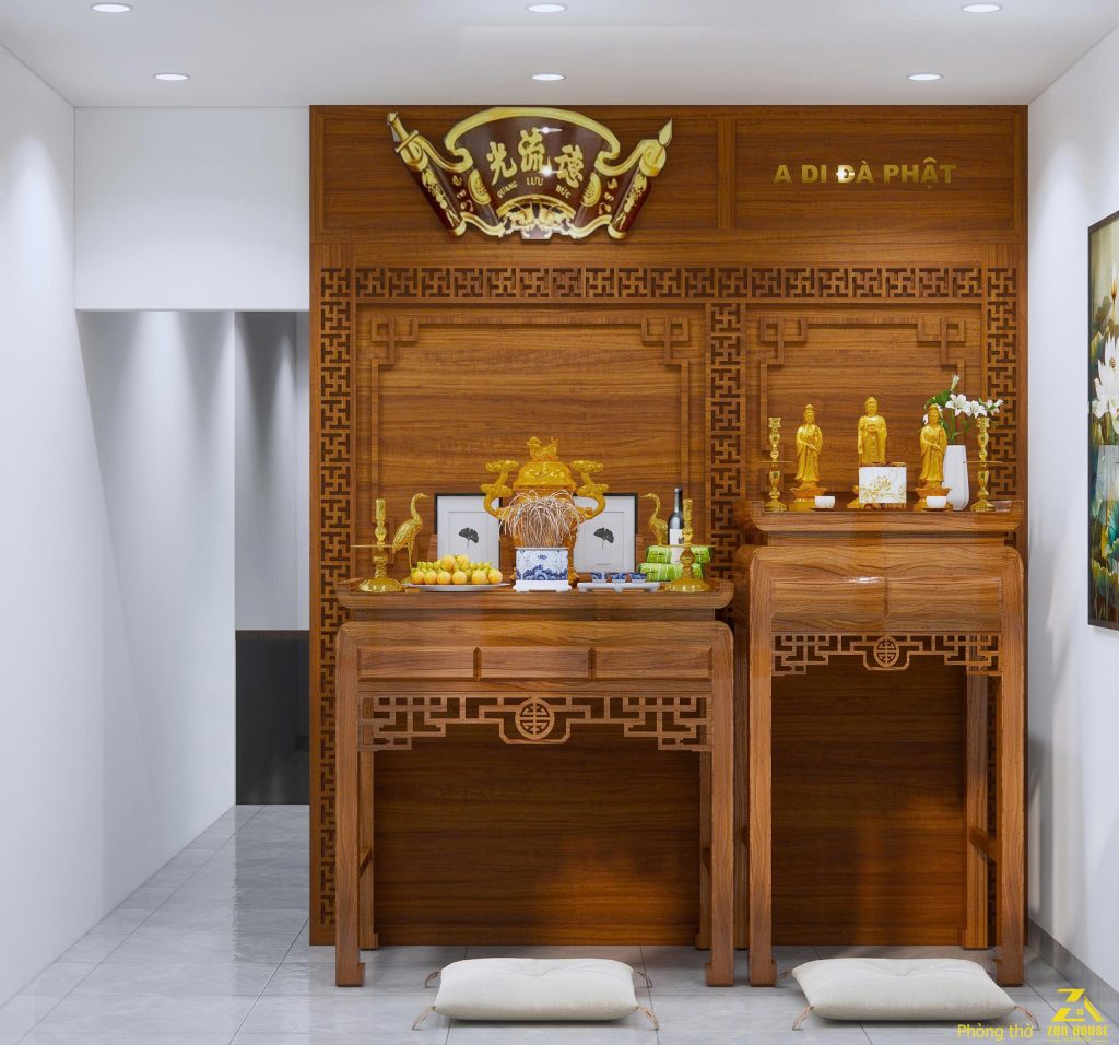 Không gian phòng thờ sử dụng họa tiết truyền thống để tạo sự uy nghiêm