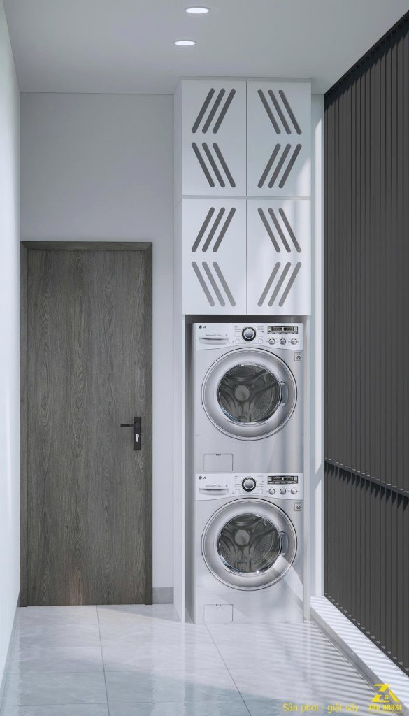 Không gian giặt sấy sử dụng máy giặt và máy sấy đặt chồng để tiết kiệm diện tích