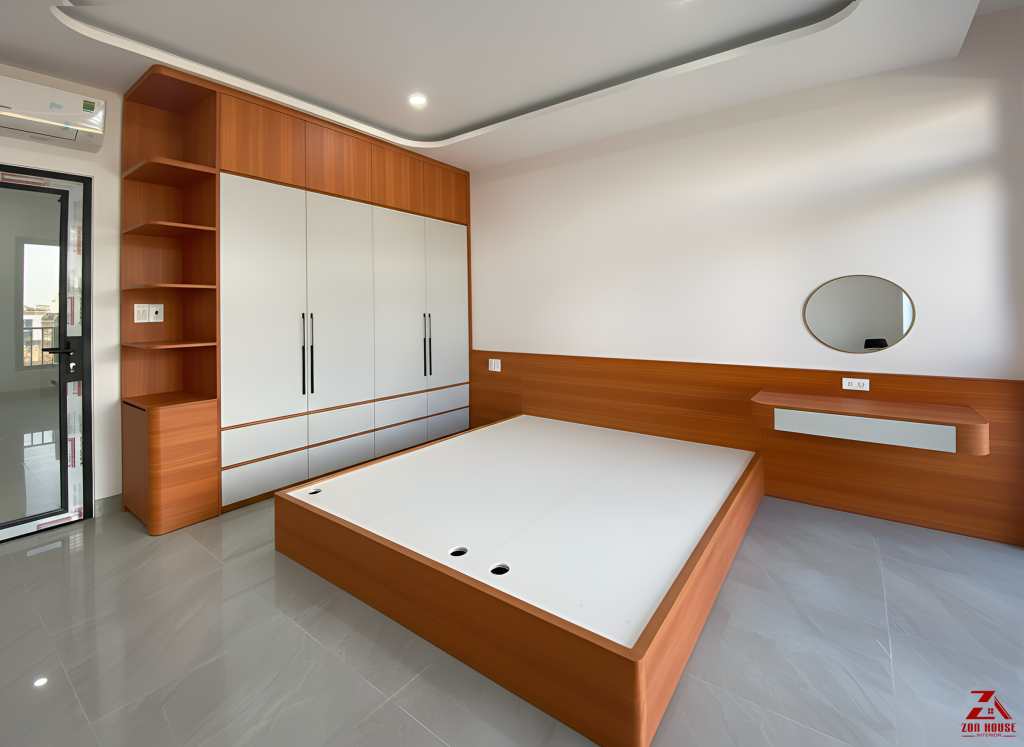 Phòng ngủ master hiện đại với giường hộp, tủ quần áo kịch trần và bàn trang điểm gọn gàng