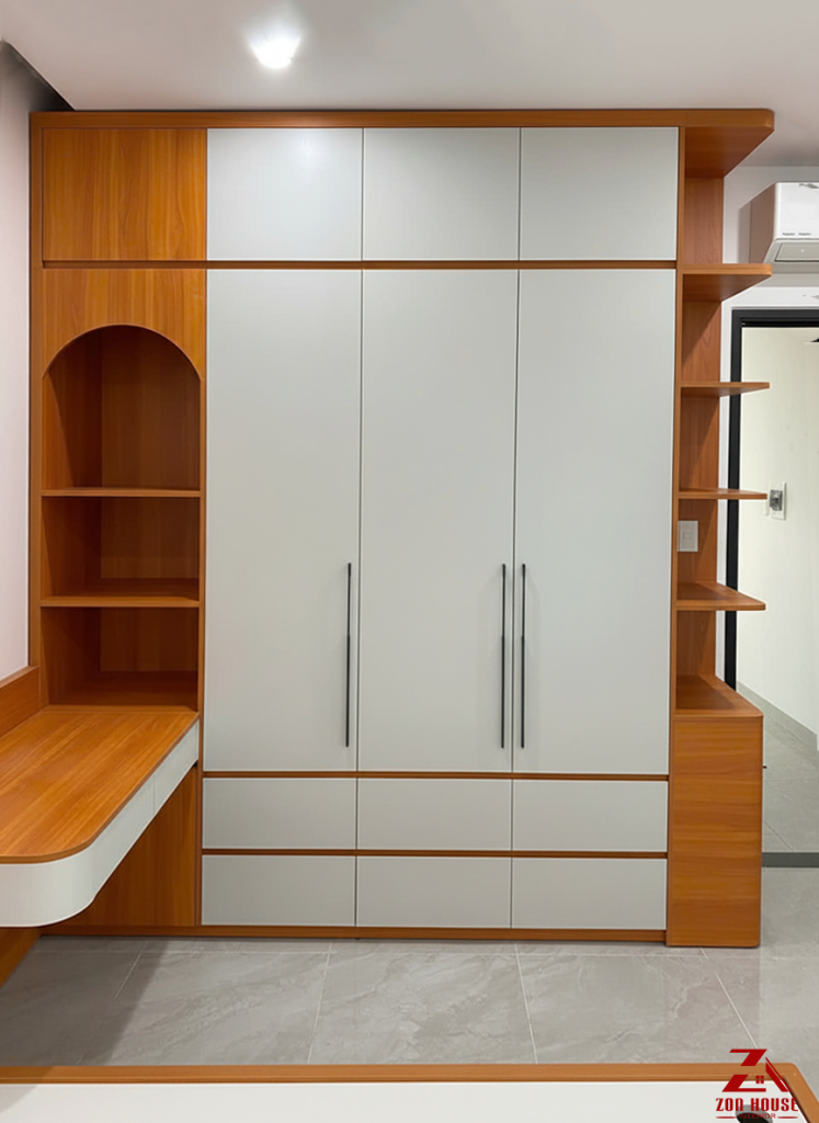 Tủ áo gỗ công nghiệp liền bàn học và kệ trang trí hiện đại