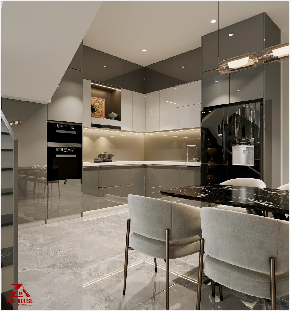 Phòng bếp được thiết kế hiện đại với hệ tủ cao kịch trần giúp tối ưu không gian lưu trữ