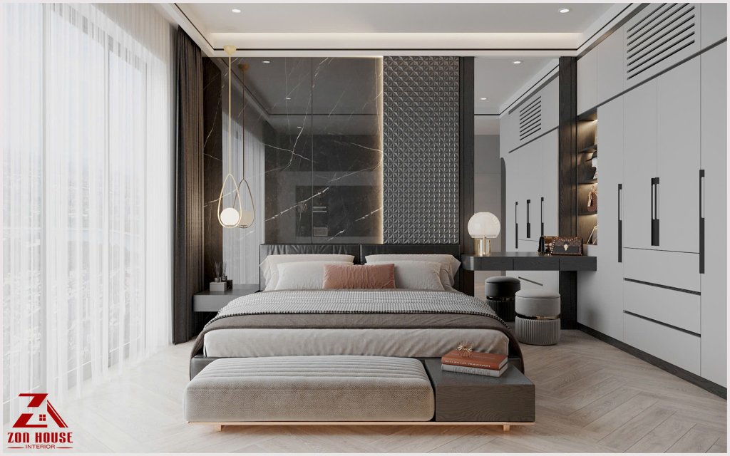 Phòng ngủ được thiết kế tinh tế với sự kết hợp hài hòa giữa ánh sáng và chất liệu