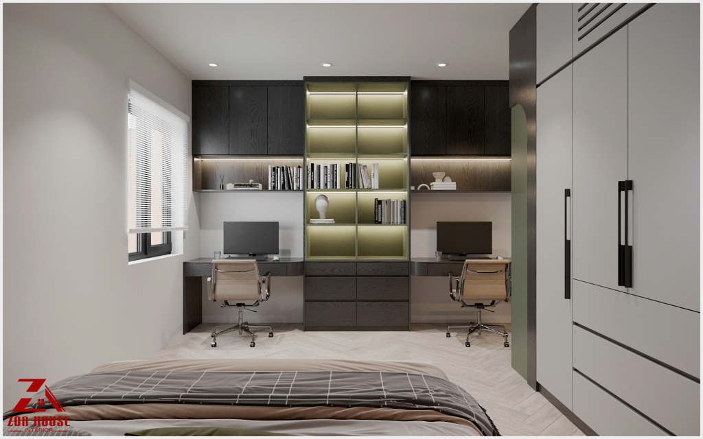 Hệ tủ sách và bàn làm việc đối xứng định hình thiết kế nội thất phong cách hiện đại, mang lại sự cân bằng và hài hòa cho căn phòng