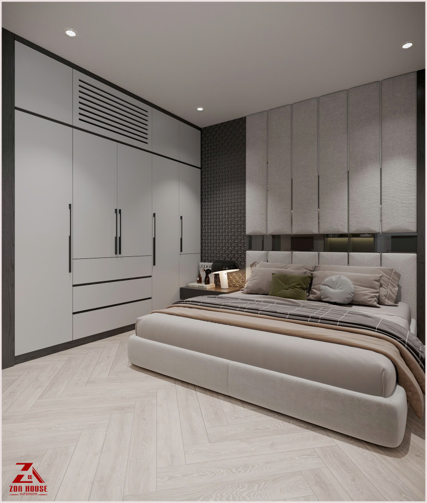 Việc bố trí sàn gỗ họa tiết xương cá cùng các mảng tường trang trí đã định hình nét độc đáo cho căn phòng