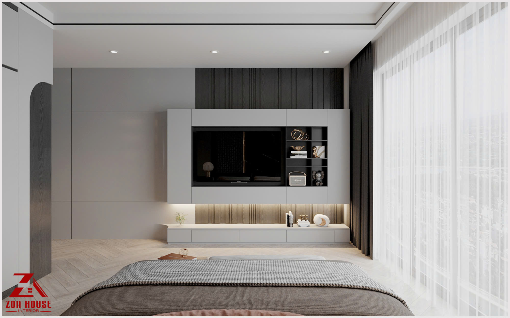 Hệ tủ kệ TV được bố trí thông minh, tích hợp các ngăn trưng bày làm tăng tính thẩm mỹ và tiện dụng cho căn phòng