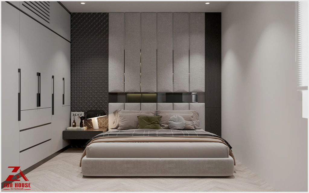 Không gian nghỉ ngơi được định hình bởi sự kết hợp hài hòa giữa hệ tủ quần áo cánh phẳng và nội thất hiện đại