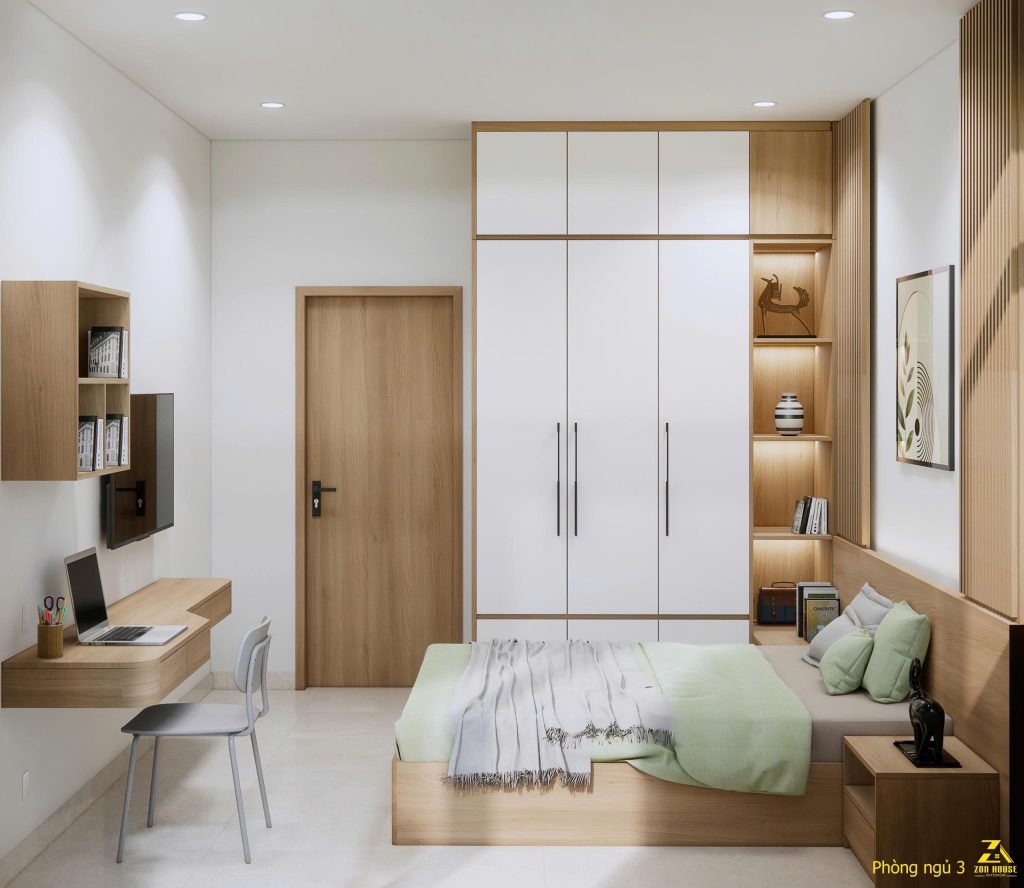 Thiết kế phòng ngủ thể hiện sự hiện đại khi bàn học liền kề giường ngủ tiện lợi