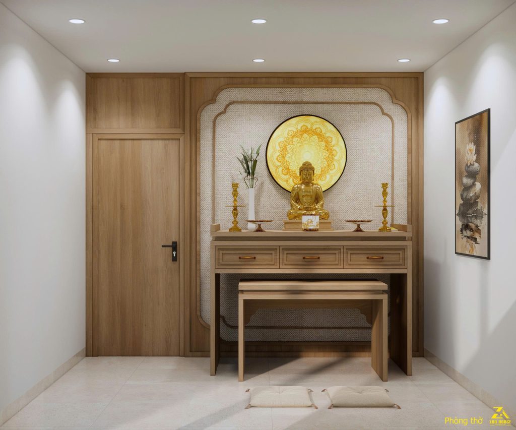 Phòng thờ thể hiện nét đẹp truyền thống khi tượng Phật và bàn thờ hòa hợp cùng không gian