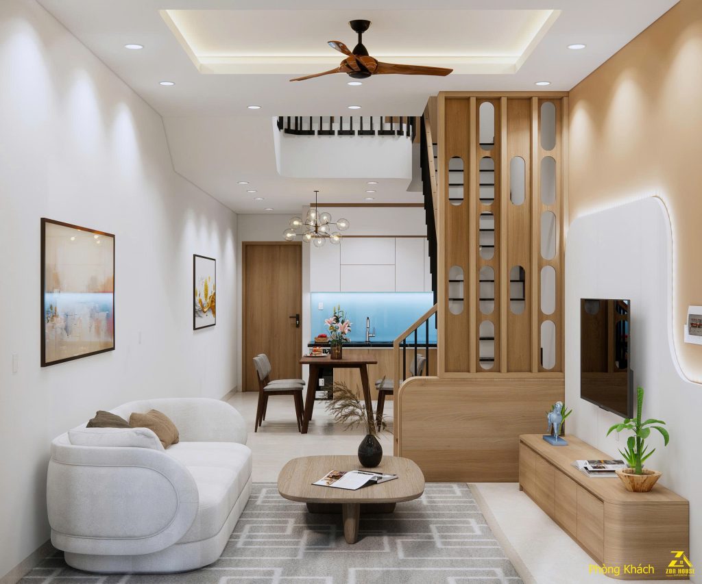 Thiết kế phòng khách mang lại sự sang trọng nhờ cách phối hợp màu trắng và gỗ sáng