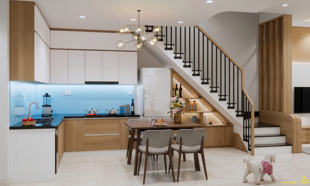 Phòng bếp trở nên nổi bật khi tủ gỗ kết hợp kính xanh mang lại cảm giác tươi mới