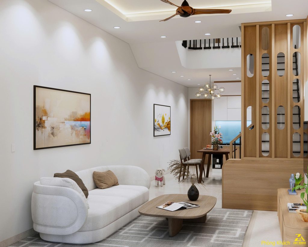 Phòng khách trở nên thanh lịch khi sofa trắng kết hợp tranh treo tường nghệ thuật