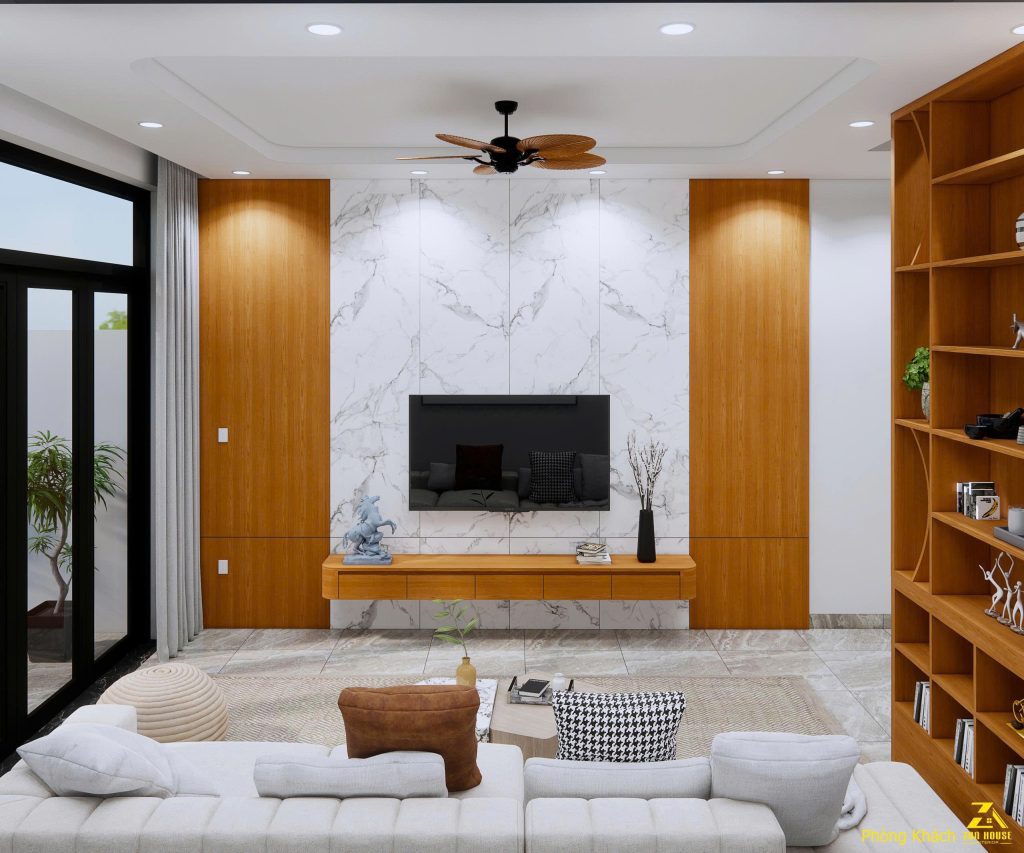 Không gian phòng khách trở nên ấm cúng nhờ gam màu trung tính và bố cục cân đối