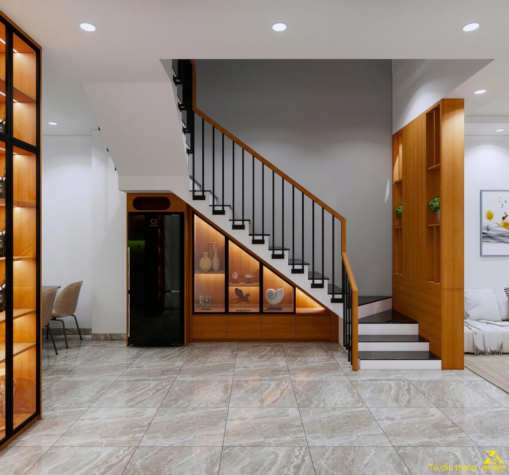 Khu vực gầm cầu thang biến thành tủ trưng bày có đèn LED, giúp không gian thêm sang trọng