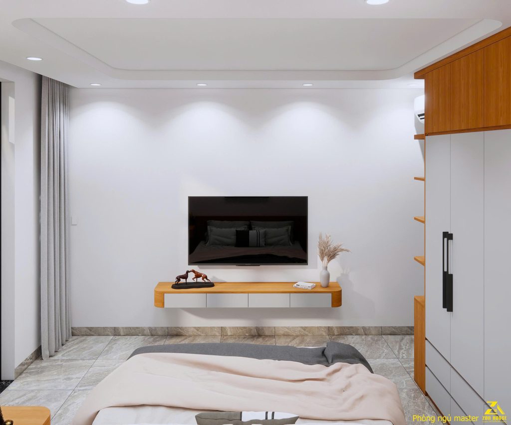 Khu vực TV nổi bật với kệ treo tường đơn giản, giúp tiết kiệm diện tích và giữ cho căn phòng gọn gàng