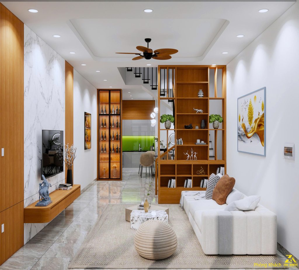 Khu vực bếp được thiết kế liền kề phòng khách, tạo nên một không gian sinh hoạt chung mở và hiện đại