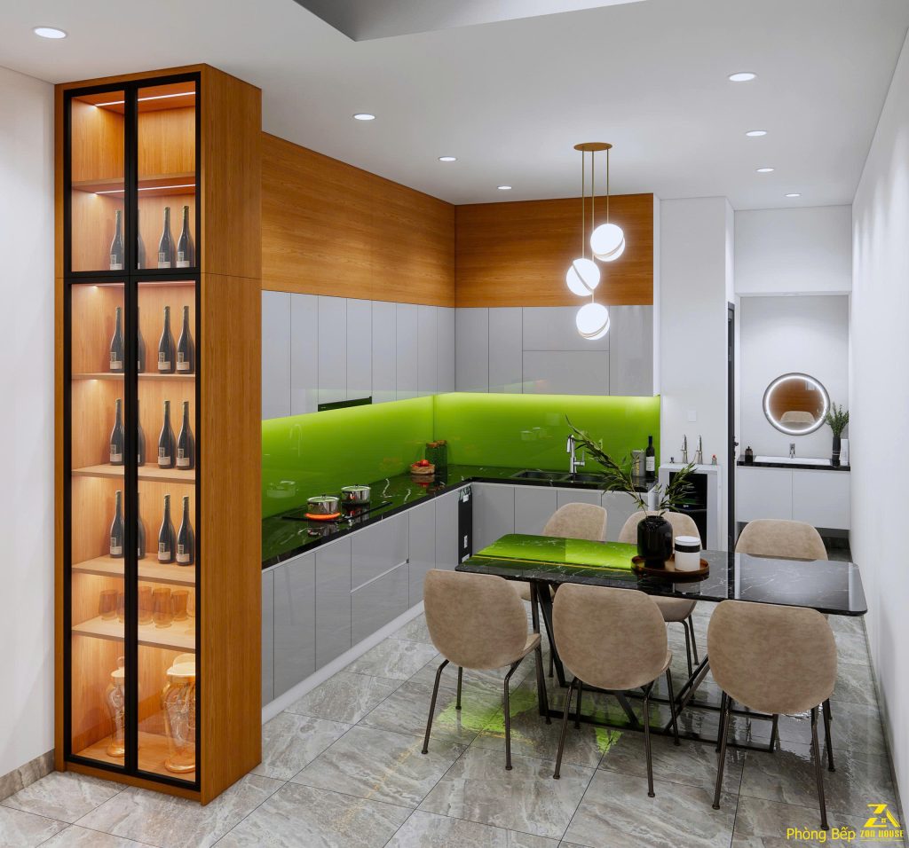 Tủ rượu cao cấp trở thành điểm nhấn sang trọng và ấn tượng cho khu vực bếp
