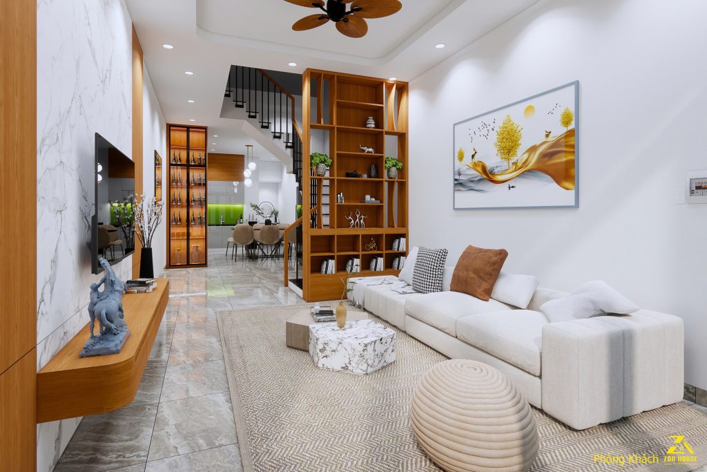 Thiết kế phòng khách sử dụng vách ngăn kệ gỗ lớn, vừa trang trí vừa phân chia không gian một cách khéo léo
