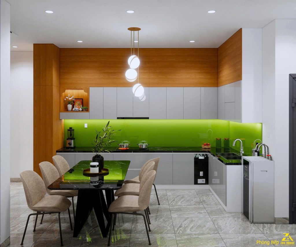 Không gian bếp được bố trí theo hình chữ L tối ưu, tích hợp khu vực thờ cúng nhỏ gọn và trang trọng