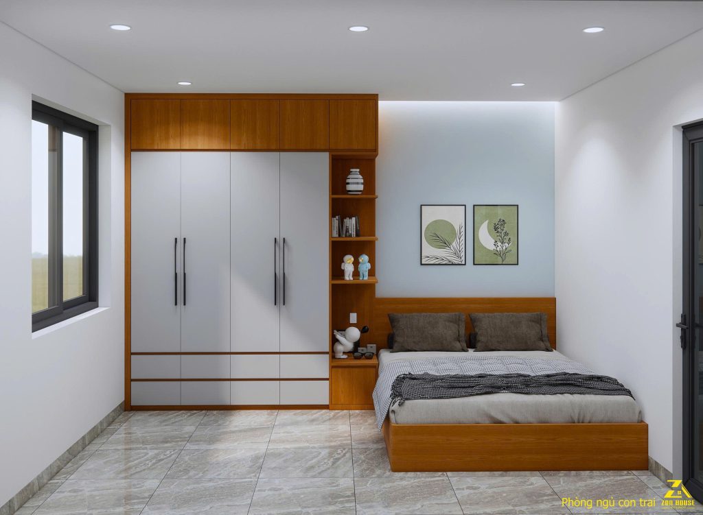 Sự kết hợp giữa tủ quần áo kịch trần lớn và cửa sổ rộng mang lại cảm giác vừa gọn gàng vừa thông thoáng cho căn phòng