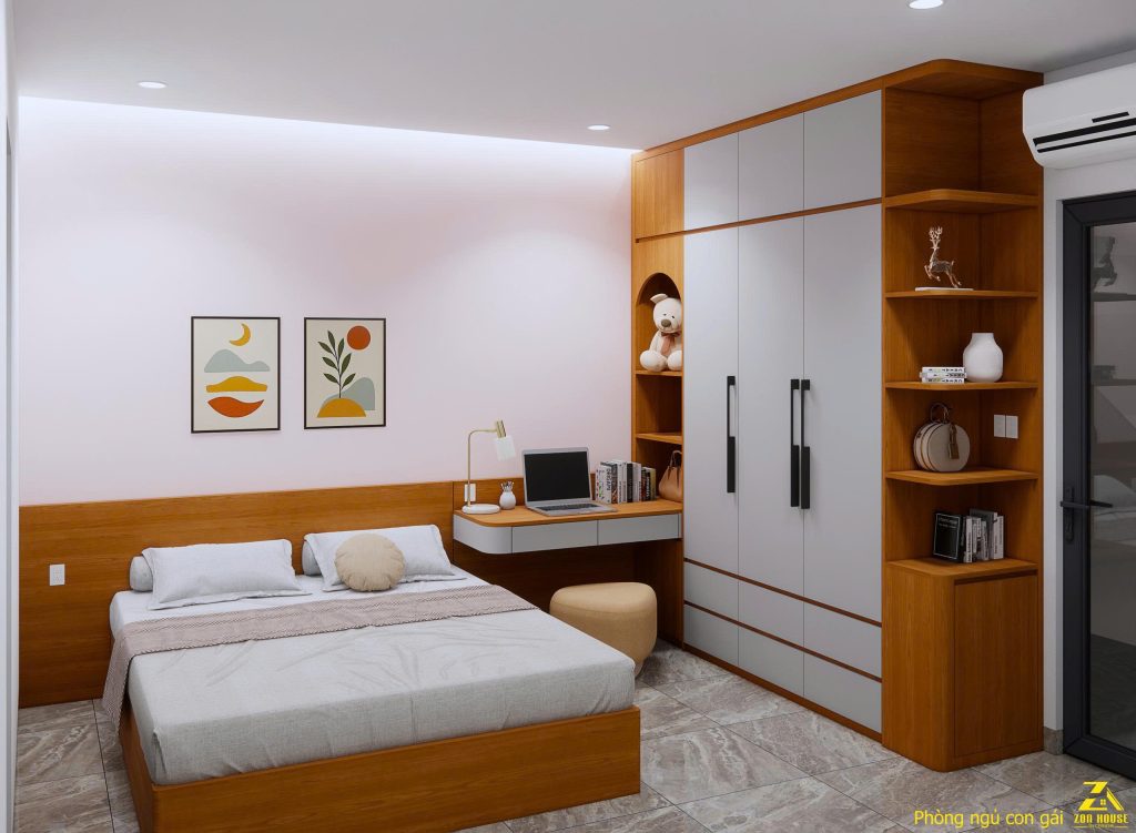 Thiết kế căn phòng tích hợp bàn học treo tường ngay cạnh giường, tạo khu vực học tập và làm việc tiện nghi, gọn gàng