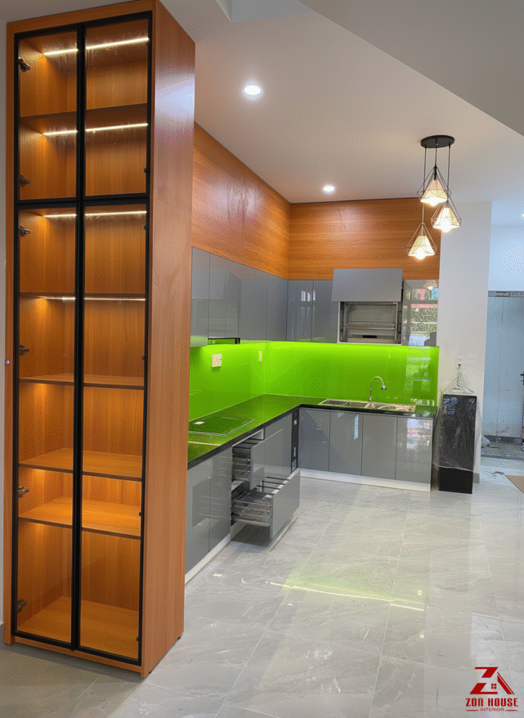 Hệ tủ bếp được thiết kế kịch trần với sự kết hợp hài hòa giữa chất liệu gỗ ấm áp và bề mặt phủ acrylic hiện đại