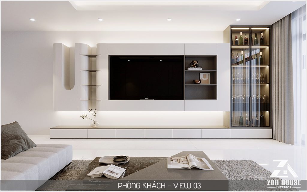 Hệ tủ tivi được thiết kế treo tường với những đường cong mềm mại tạo nên điểm nhấn hiện đại cho không gian phòng khách