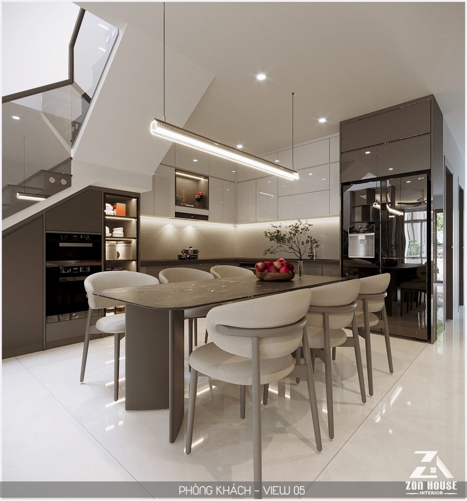 Hệ tủ bếp kịch trần kết hợp đèn led âm tủ tạo nên sự gọn gàng và hiện đại