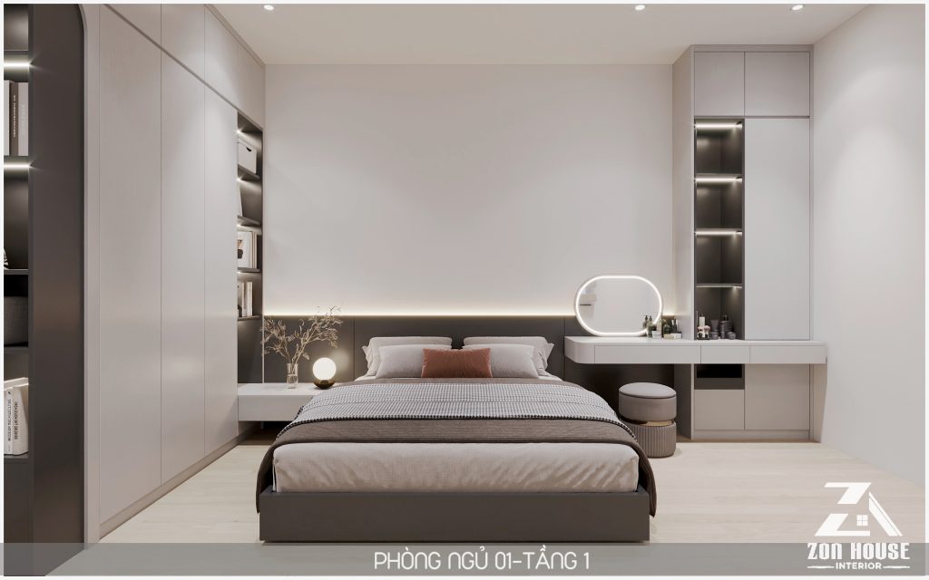 Căn phòng sở hữu phong cách thiết kế hiện đại với tông màu trung tính mang lại cảm giác vô cùng thư giãn