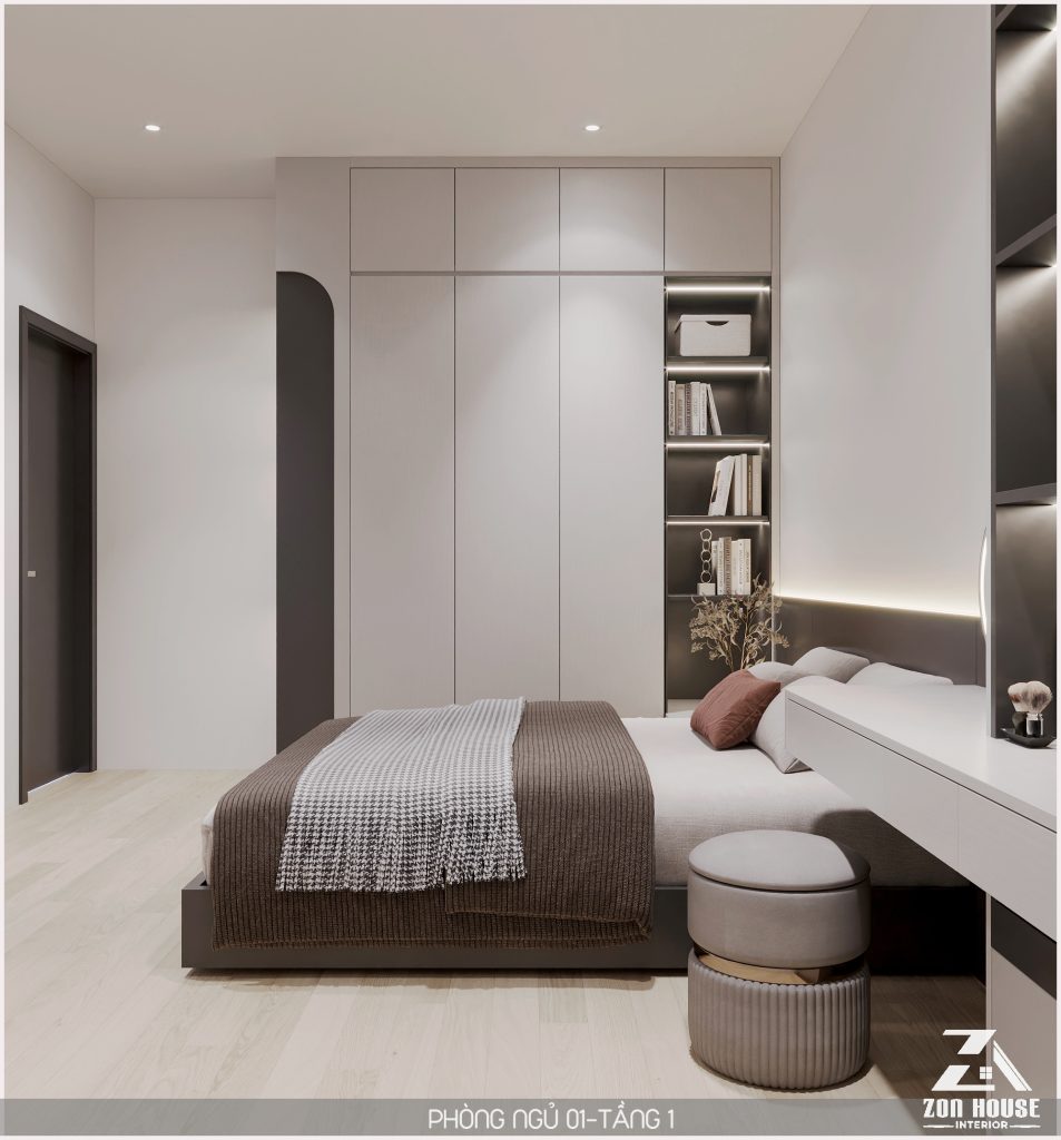 Hệ thống tủ quần áo kịch trần kết hợp cùng đèn LED âm tường tạo nên điểm nhấn tinh tế cho không gian