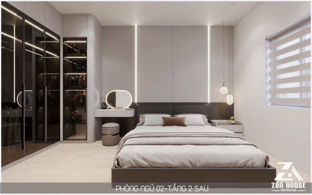 Nội thất phòng ngủ được thiết kế tối giản nhưng vẫn đảm bảo đầy đủ công năng sử dụng