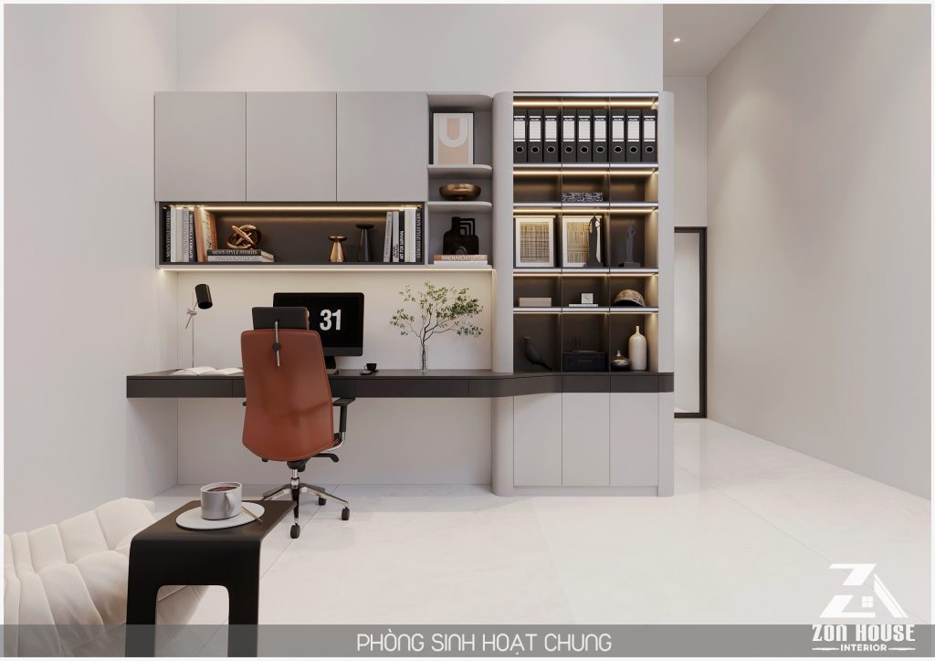 Góc làm việc này sở hữu thiết kế hệ tủ kịch trần giúp tối ưu hóa không gian lưu trữ tài liệu