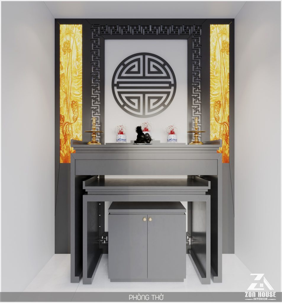 Thiết kế phòng thờ này sử dụng tông màu xám chủ đạo để tạo nên vẻ đẹp trang nghiêm và hiện đại