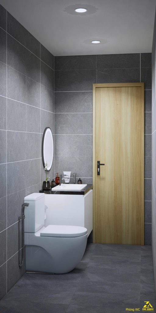 Thiết kế nhà phố đẹp tiện nghi thể hiện qua phòng vệ sinh hiện đại, sử dụng gạch ốp lát màu xám vân đá sang trọng