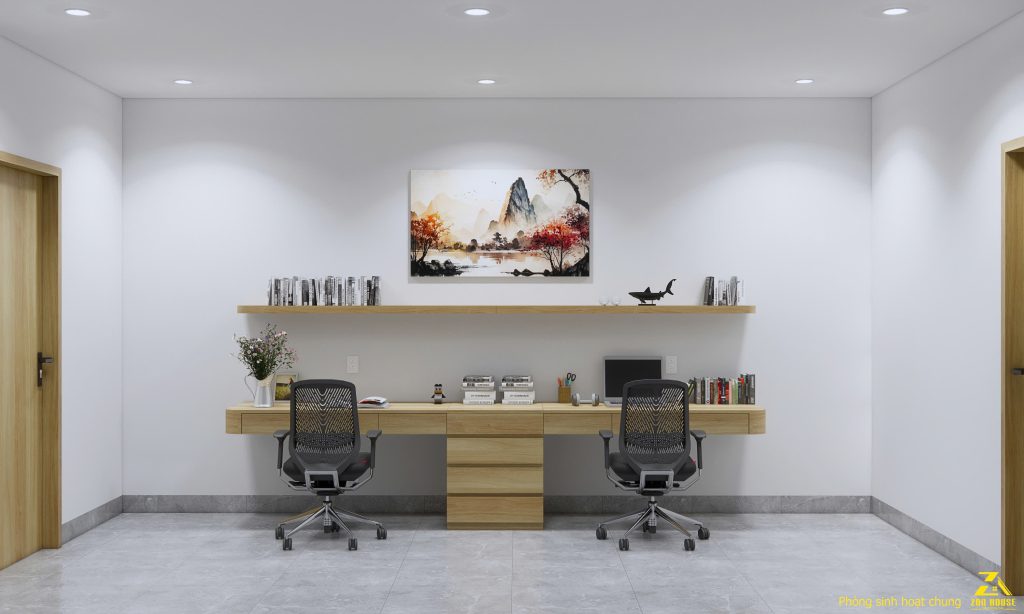 Bàn làm việc kết hợp hộc tủ kéo ở giữa, giúp tăng không gian lưu trữ cá nhân cho cả hai người