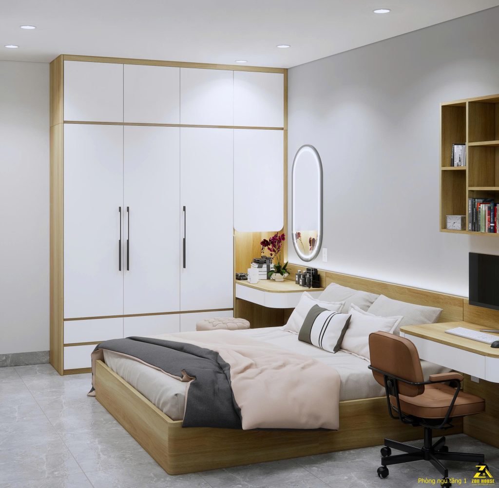 Nội thất được cân bằng hài hòa giữa khu vực nghỉ ngơi và góc làm việc, tạo ra một căn phòng đa chức năng