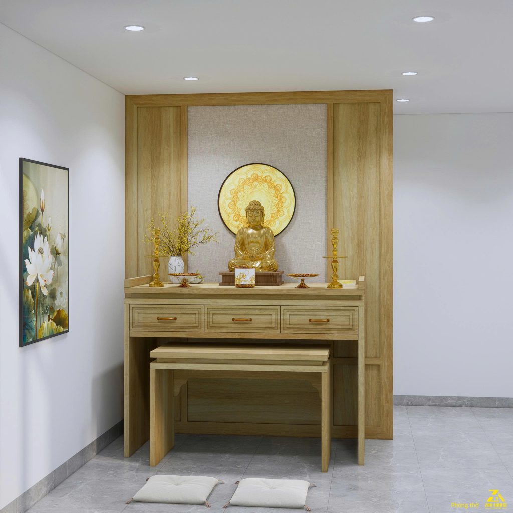 Thiết kế bàn thờ được làm từ gỗ sáng màu, mang lại vẻ đẹp trang nghiêm và hiện đại