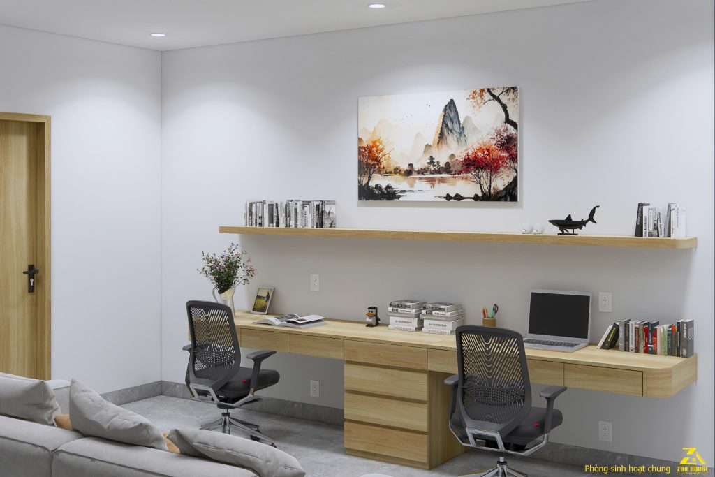 Không gian làm việc chung được bố trí gọn gàng, sử dụng tông màu trắng và gỗ sáng trang nhã