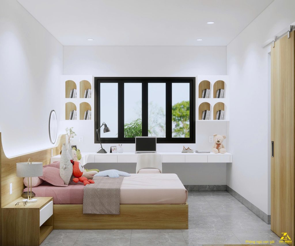 Không gian phòng ngủ được thiết kế theo phong cách hiện đại, phù hợp cho bé gái