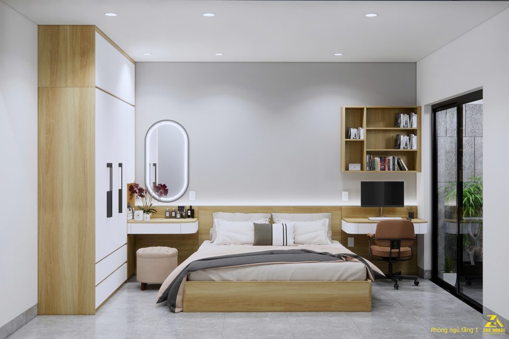 Không gian phòng ngủ bố trí giường ngủ thấp kết hợp tủ quần áo lớn và bàn trang điểm tạo sự tiện nghi, gọn gàng