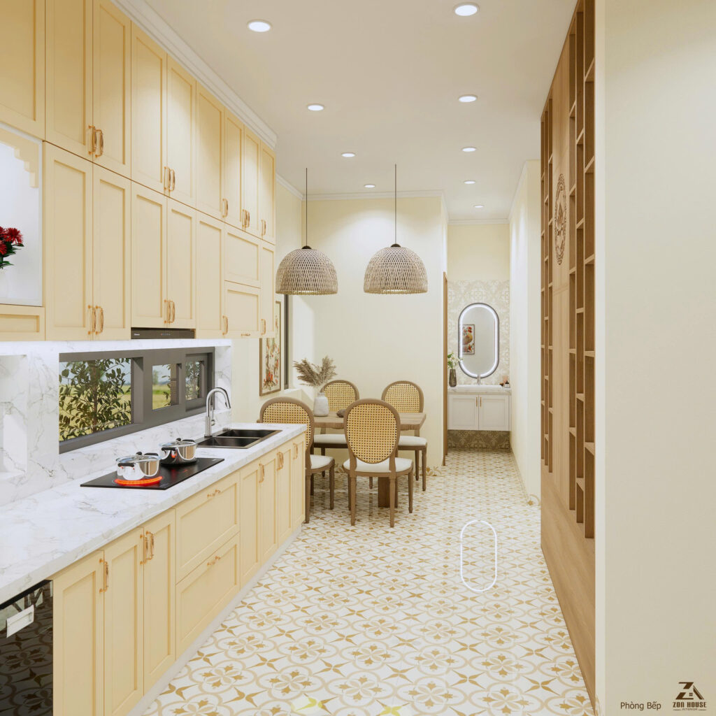 Sự kết hợp giữa sàn gạch bông họa tiết cổ điển và nội thất hiện đại mang lại vẻ đẹp giao thoa độc đáo