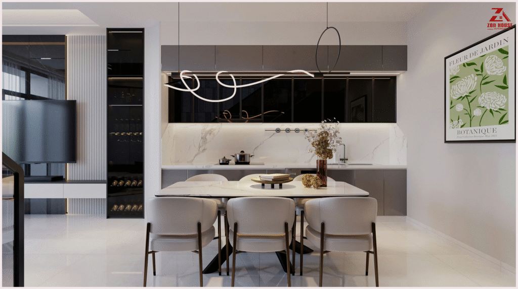 Hệ tủ bếp kịch trần với tông màu xám hiện đại giúp tối ưu hóa không gian lưu trữ đồ dùng