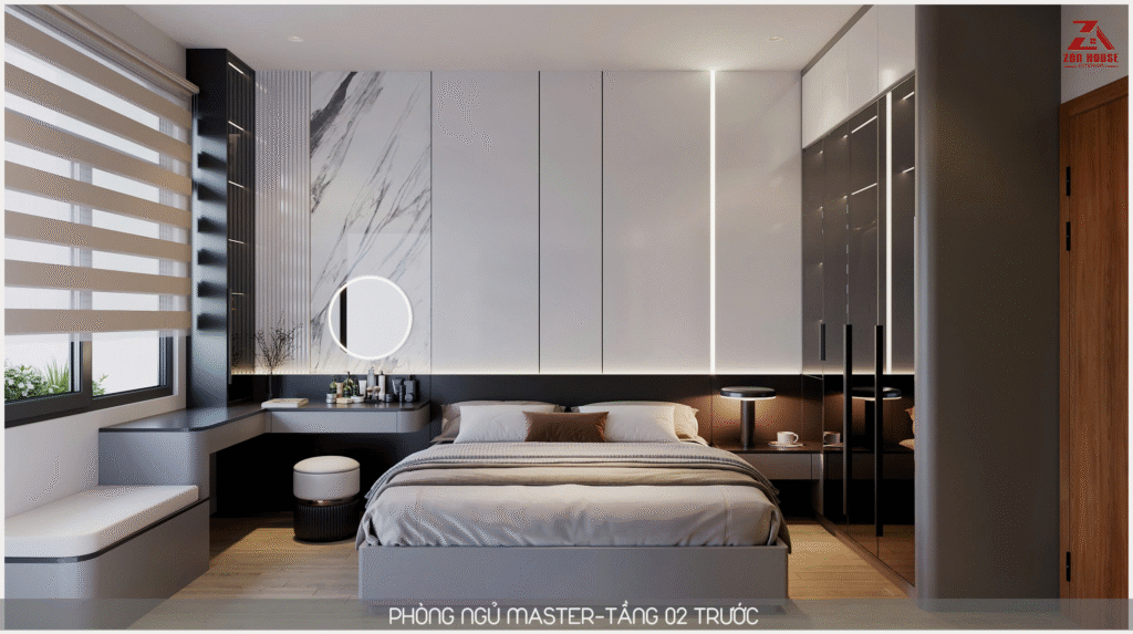 Bố cục nội thất phòng ngủ Master được sắp xếp khoa học nhằm đảm bảo sự thông thoáng và tính thẩm mỹ cao nhất