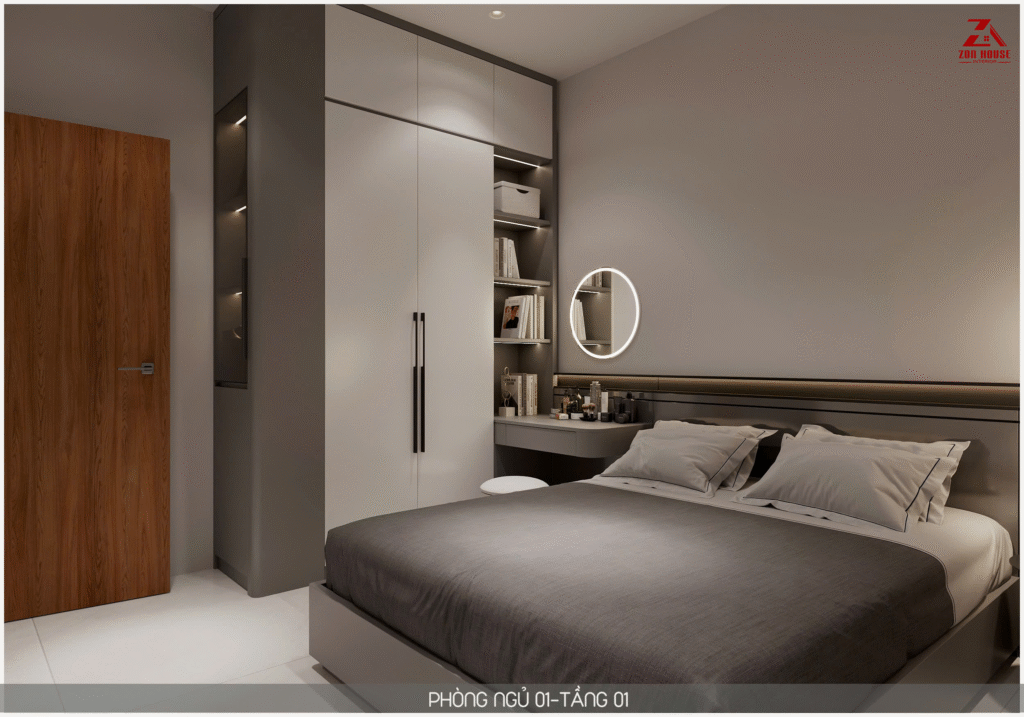 Không gian phòng ngủ được thiết kế theo phong cách hiện đại với tông màu trung tính sang trọng