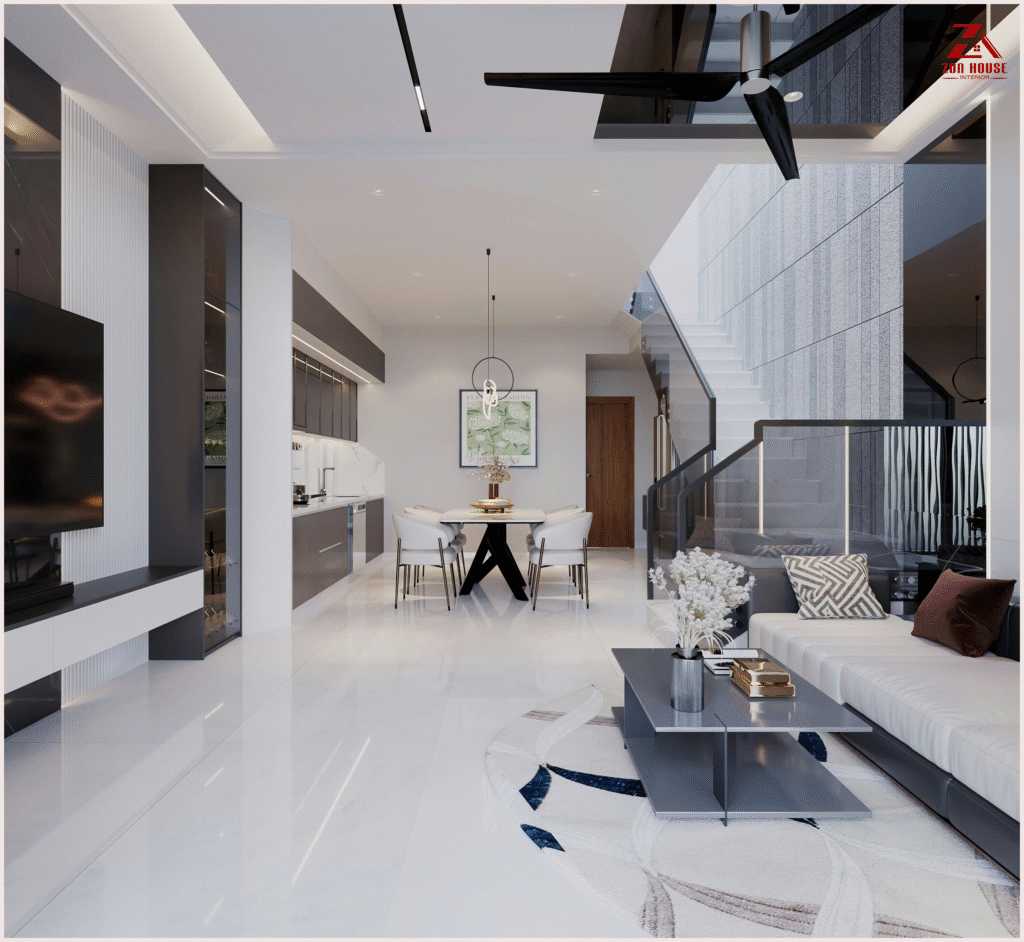 Bố cục mở liên thông phòng khách và bếp giúp tối ưu hóa diện tích sử dụng