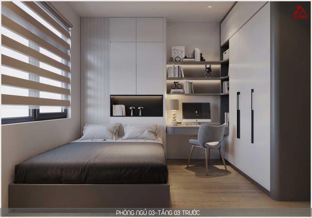 Hệ tủ kịch trần kết hợp bàn làm việc tạo nên một khối nội thất đồng nhất và gọn gàng