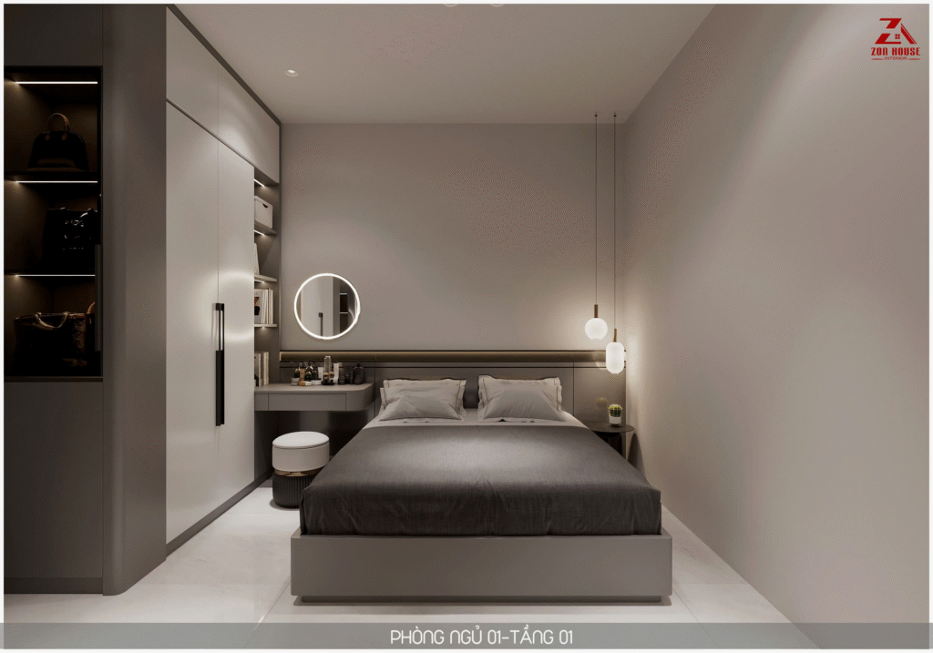 Hệ tủ quần áo kịch trần được tích hợp khéo léo cùng bàn trang điểm để tối ưu hóa không gian