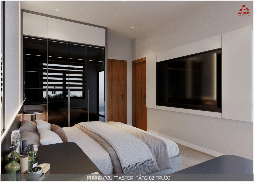 Kệ tivi treo tường được thiết kế phẳng đơn giản giúp tối ưu diện tích cho lối đi trong phòng ngủ