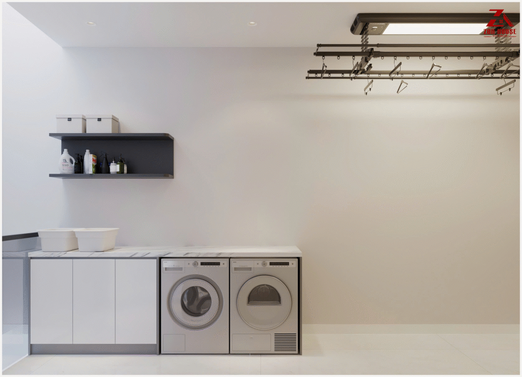 Thiết kế khu vực giặt phơi tập trung vào tính công năng với cách bố trí thiết bị khoa học và ngăn nắp
