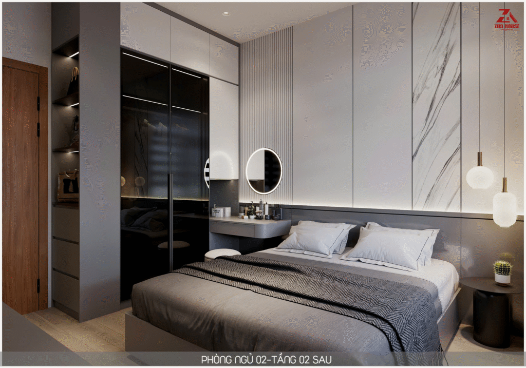 Góc bàn trang điểm nhỏ gọn được tích hợp khéo léo vào hệ tủ để tiết kiệm tối đa diện tích