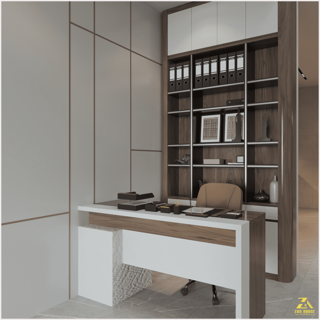 Góc làm việc được thiết kế tối ưu công năng với hệ tủ sách kịch trần bằng gỗ cao cấp